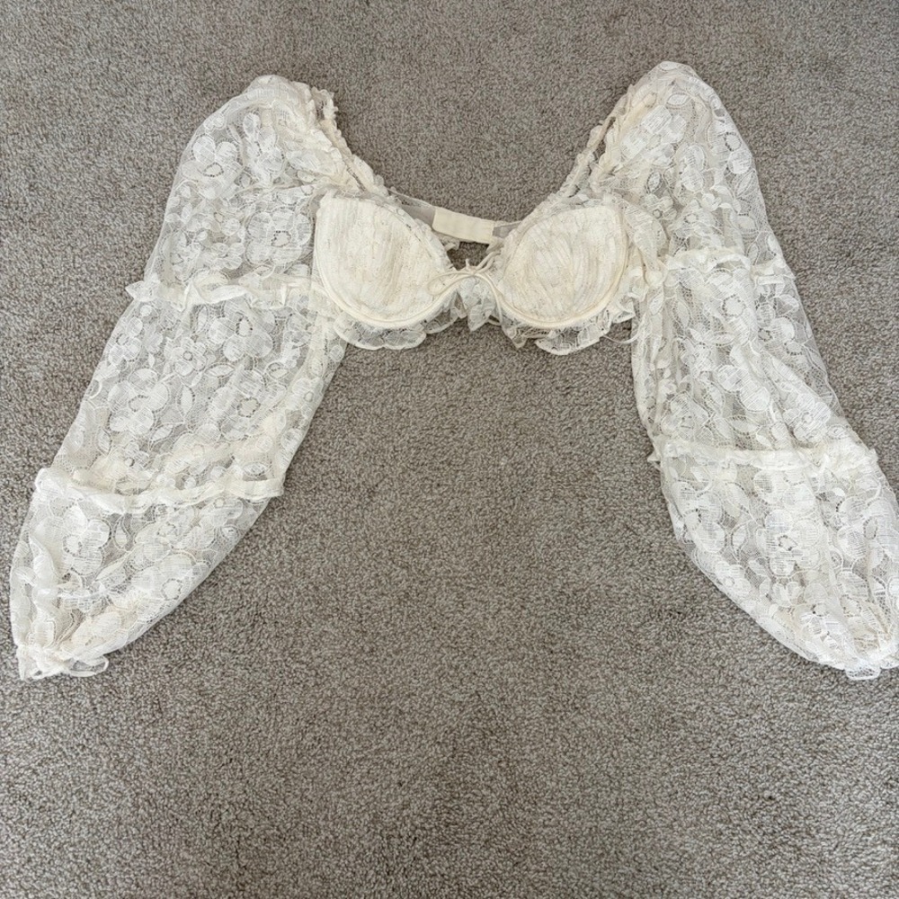 For Love & Lemons Daniela Lace Bra Top Womens M Ivory White Long Sleeve Coquette